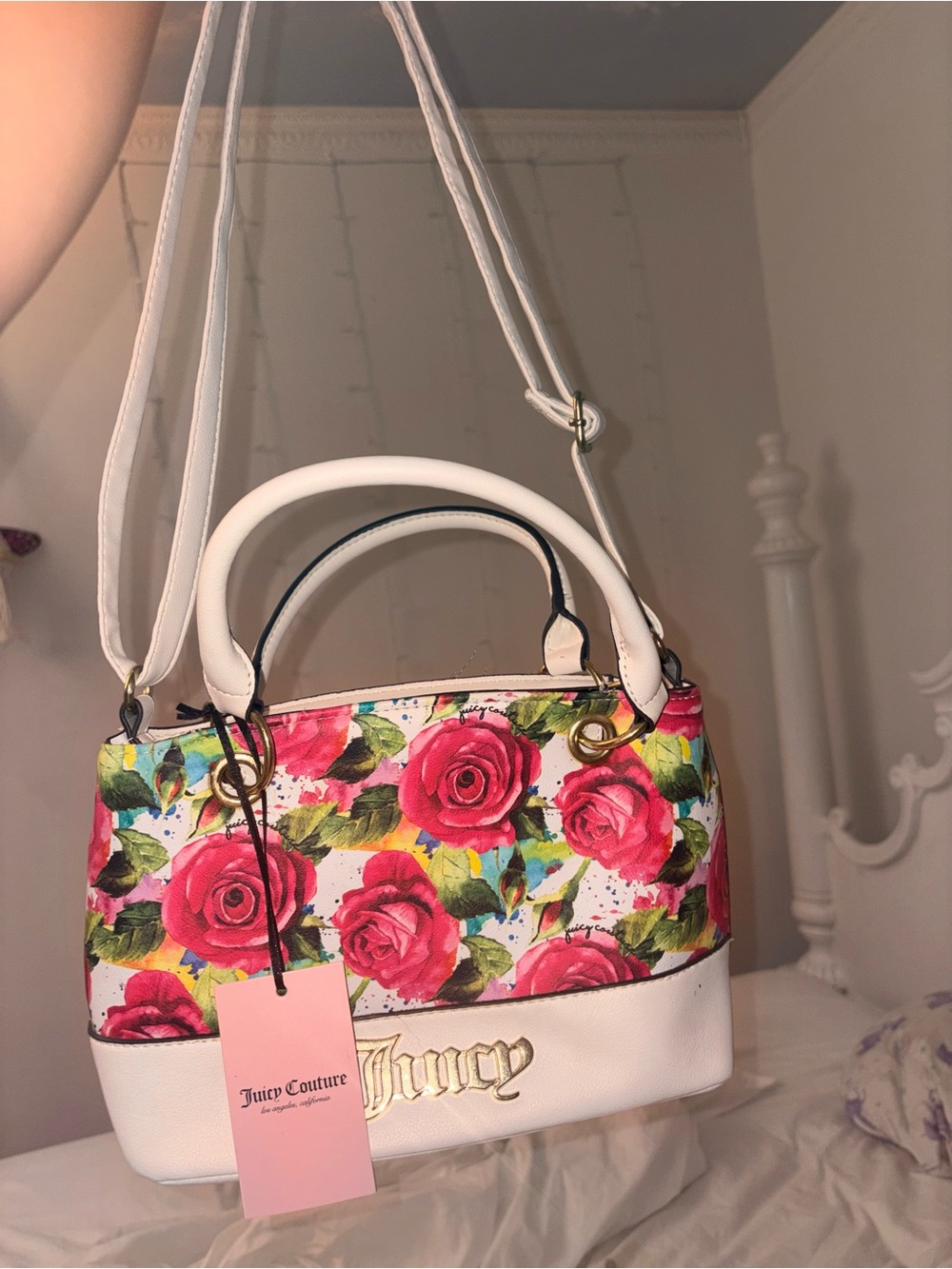 Juicy Couture White Satchel with Pink Rose Print